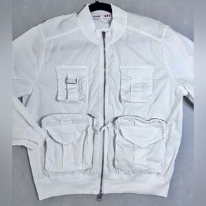 Johnny Was White Utility Bomber Jacket Size M Military Cargo Pocket Zip Front